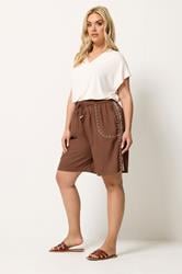 YOURS Plus Size Brown Embroidered Shorts | Yours Clothing 1