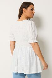 YOURS Plus Size White Broderie Anglaise Shirred Puff Sleeve Top | Yours Clothing 2