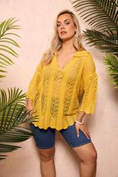 YOURS Plus Size Mustard Yellow Pointelle Knitted T-Shirt | Yours Clothing 3