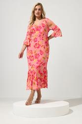 YOURS LONDON Plus Size Pink Floral Mesh Tiered Dress | Yours Clothing 1