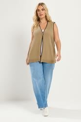 YOURS Plus Size Natural Brown Contrast Trim Knitted Waistcoat | Yours Clothing 1
