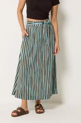 PixieGirl Petite Women's Brown Stripe Belted Maxi Skirt | PixieGirl 3