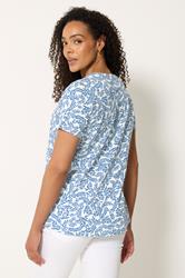 M&Co Blue & White Leaf Print Cotton Henley Top | M&Co 2