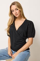 M&Co Black Broderie Sleeve Cotton Wrap Top | M&Co 3