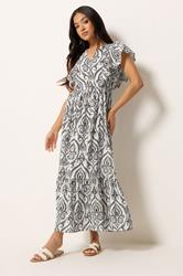 PixieGirl Petite Women's White Tile Print Tiered Maxi Dress | PixieGirl 3