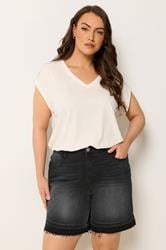 YOURS Plus Size Black Hem Detail Denim Shorts | Yours Clothing 3