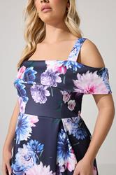 YOURS LONDON Plus Size Navy Blue Cold Shoulder Floral Skater Dress | Yours Clothing 4
