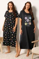 YOURS Plus Size 2 PACK Black 'Sleep Solves Everything'  Floral Midaxi Nightdresses | Yours Clothing 3