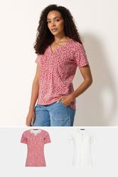 M&Co 2 PACK Red & White Floral Cotton Henley Tops | M&Co 3