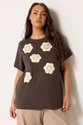 YOURS Plus Size Chocolate Brown Daisy Applique T-Shirt | Yours Clothing 3