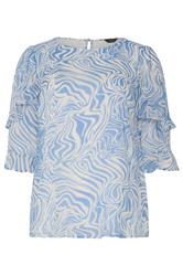 M&Co Blue & White Swirl Print Frill Sleeve Blouse