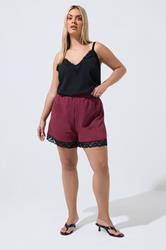LIMITED COLLECTION Plus Size Burgundy Red Lace Trim Shorts | Yours Clothing 1