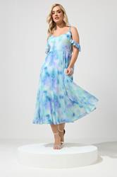 YOURS LONDON Plus Size Blue Abstract Colder Shoulder Dress | Yours Clothing 3