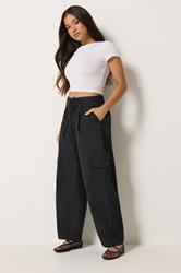 PixieGirl Petite Women's Black Poplin Cotton Cargo Barrel Leg Trousers | PixieGirl 3