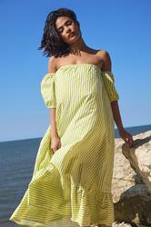 PixieGirl Petite Women's Lime Green Stripe Bardot Cotton Maxi Dress | PixieGirl 3