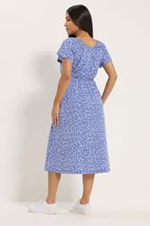 M&Co Petite Blue Leaf Print Tie Neck Cotton Midi Dress | M&Co 2