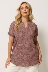 YOURS Plus Size Burnt Orange Diamond Print Notch Neck Top | Yours Clothing 3