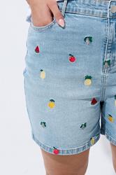 LIMITED COLLECTION Plus Size Blue Embroidered Fruit Denim Shorts | Yours Clothing 4