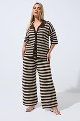 LIMITED COLLECTION Plus Size Chocolate Brown Stripe Crochet Shirt | Yours Clothing 1