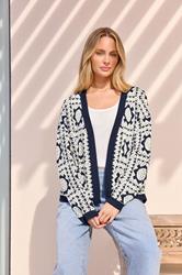 M&Co Navy Blue & White Crochet Knitted Cardigan | M&Co 1