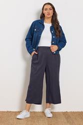 YOURS Plus Size Navy Blue Linen Cropped Wide Leg Trousers | Yours Clothing 1