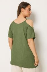 YOURS Plus Size Khaki Green Textured Cold Shoulder Top | Yours Clothing 2