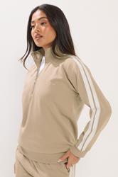 PixieGirl Petite Women's Natural Brown Stripe Quarter Zip Sweatshirt | PixieGirl 3