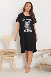 YOURS Plus Size Black 'You Are One Cool Kitten' Dipped Back Nightdress | Yours Clothing 3