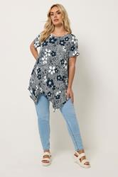 YOURS Plus Size Black Floral Hanky Hem Top | Yours Clothing 1