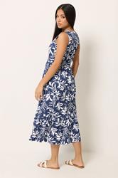 M&Co Petite Navy Blue Leaf Print Sleeveless Cotton Midi Dress | M&Co 2