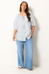 YOURS Plus Size Blue Stripe Tie Neck Top | Yours Clothing 1