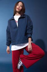 PixieGirl Petite Women's Dark Blue Denim Quarter Zip Cotton Top | PixieGirl 3