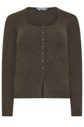 PixieGirl Petite Women's Chocolate Brown Ribbed Button Scoop Neck Jumper | PixieGirl  1