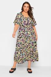YOURS Plus Size Black Neon Floral Tiered Midi Dress | Yours Clothing