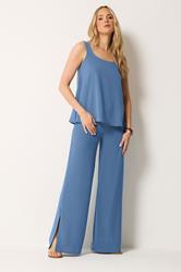 LTS Tall Women's Denim Blue Linen Look Wide Leg Trousers | Long Tall Sally 1