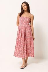 PixieGirl Petite Women's Red Floral Shirred Linen Midi Dress | PixieGirl 1