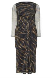 YOURS LONDON Curve Brown Zebra Mesh Side Knot Midi Dress