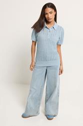 PixieGirl Petite Women's Light Blue Crochet Polo Top | PixieGirl 2