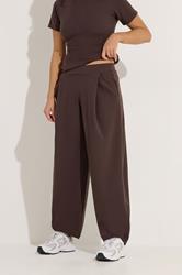 PixieGirl Petite Women's Chocolate Brown Jersey Pleated Barrel Trousers | PixieGirl 1