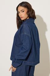 PixieGirl Petite Women's Dark Blue Denim Quarter Zip Cotton Top | PixieGirl 7