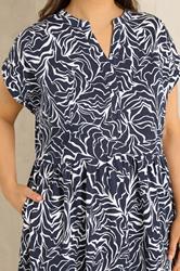 EVANS Plus Size Navy Blue Abstract Print Notch Neck Cotton Midi Dress | Evans 4