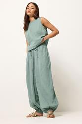 PixieGirl Petite Women's Set Sage Green Cotton Cheesecloth Top & Trousers | PixieGirl 3