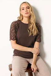 LTS Tall Women's Chocolate Brown Crochet Raglan Cotton T-Shirt | Long Tall Sally 3