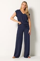 LTS Tall Women's Navy Blue Textured Elasticated Wide Leg Trousers | Long Tall Sally 3
