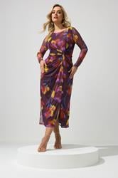 YOURS LONDON Plus Size Purple Abstract Floral Mesh Side Knot Midi Dress | Yours Clothing 3
