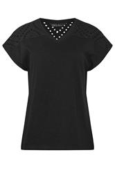 M&Co Black Broderie V-Neck Cotton T-Shirt