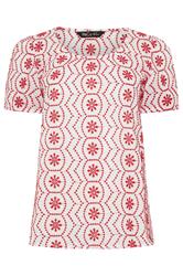 M&Co White & Red Floral Broderie Cotton Top