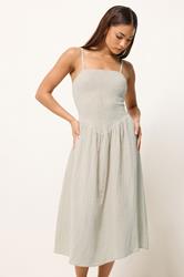 PixieGirl Petite Women's Stone Brown Cotton Cheesecloth Midi Dress | PixieGirl 1