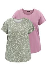 YOURSET 2 PACK Plus Size Sage Green & Pink Ditsy Floral T-Shirts | Yours Clothing 3