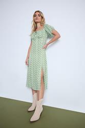 PixieGirl Petite Women's Mint Green Floral Tie Front Midi Dress | PixieGirl 1